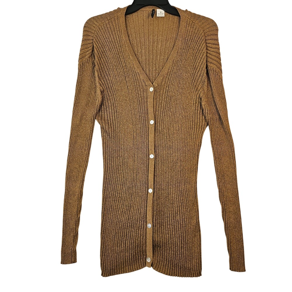 SDA & CO‎ Bronze Metallic Ribbed Knit V-Neck Button Front Cardigan Size Medium